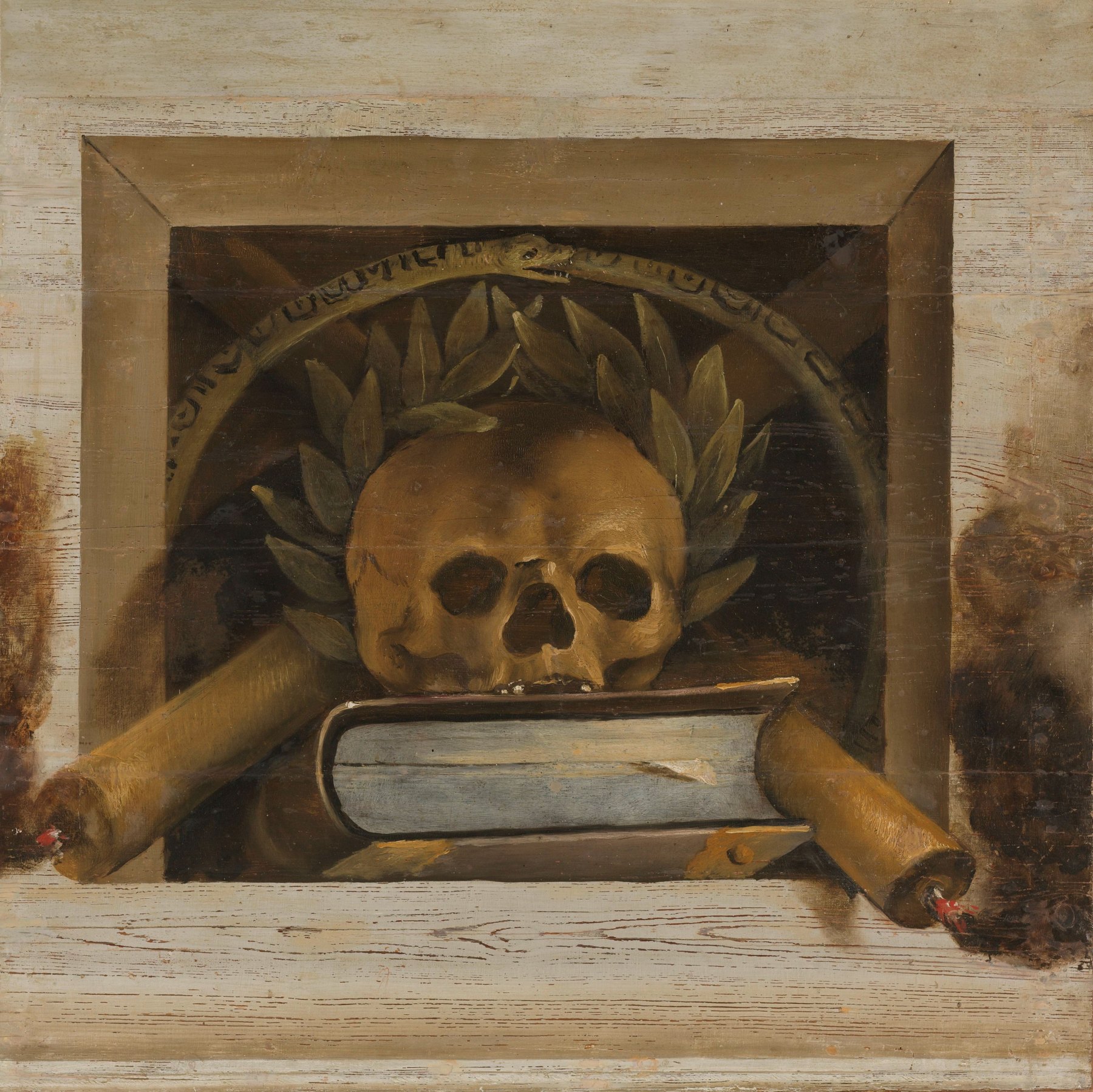 Vanitas symbols including skull, book, and candles