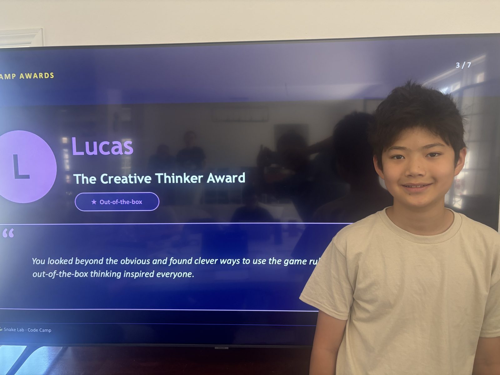 Lucas receiving The Creative Thinker Award